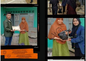 Mahasiswa STAIN dan STIE saat berbagi sembako kepada warga di Kampung Kolam, Kota Tanjungpinang, Senin (22/8).