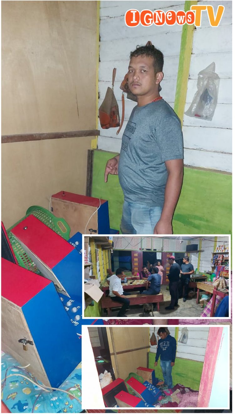 Satreskrim Polres Dairi saat amankan 4 mesin jackpot diwarung milik Perhatian Ginting, Rabu malam (24/8).