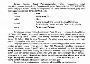 Surat undangan sidang MK dan Ketua Umum DPP SPRI/ Ketua Dewan Pers Indonesia, Heintje Mandagi, Sabtu (27/8).