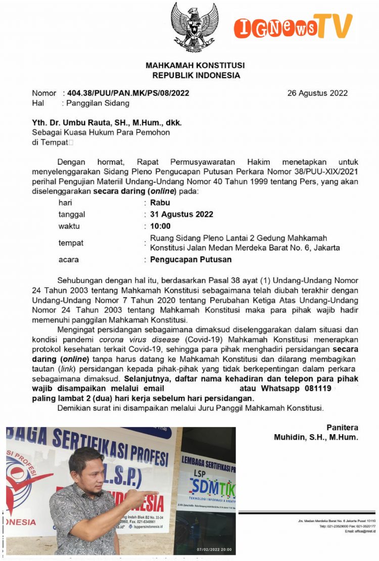 Surat undangan sidang MK dan Ketua Umum DPP SPRI/ Ketua Dewan Pers Indonesia, Heintje Mandagi, Sabtu (27/8).