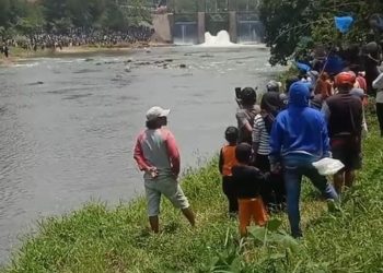 Tim SAR bersama warga saat menyisir sisi kanan - kiri Sungai mencari korban tenggelam, Senin (3/10).