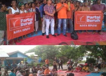 Ketua Wilayah Sumut Partai Buruh, Willy Agus Utomo SH bersama rekan saat hadir ditengah tengah warg Binjai yang kerap mendapat intimidasi dan ancaman, Jumat (21/10).