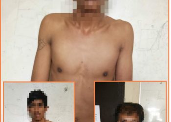 Ketiga tersangka saat diamankan di Polsek Lumbanjulu, Minggu (2/10).