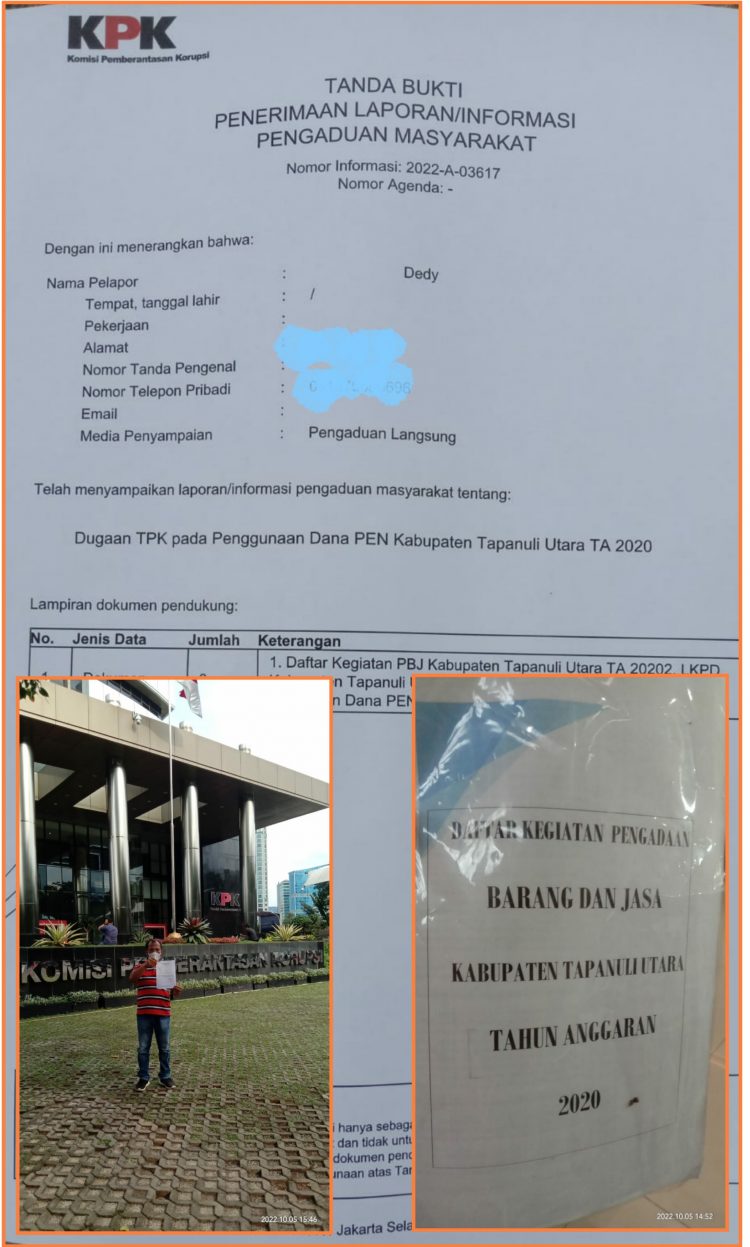 Surat tanda terima laporan pengaduan KPK dan Dedy Hutasoit saat berada di gedung KPK, Rabu (5/10).