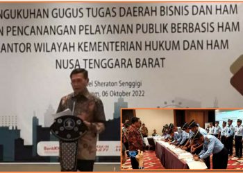 Direktur Jenderal HAM, Mualimin Abdi saat menyaksikan pengukuhan Gugus Tugas Nasional Bisnis dan Hak Asasi Manusia (GTN BHAM) sekaligus pencanangan Pelayanan Publik Berbasis Hak Asasi Manusia (P2HAM) di Mataram - NTB, Kamis (6/10).