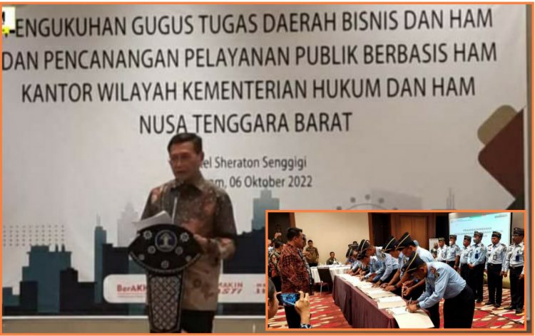 Direktur Jenderal HAM, Mualimin Abdi saat menyaksikan pengukuhan Gugus Tugas Nasional Bisnis dan Hak Asasi Manusia (GTN BHAM) sekaligus pencanangan Pelayanan Publik Berbasis Hak Asasi Manusia (P2HAM) di Mataram - NTB, Kamis (6/10).