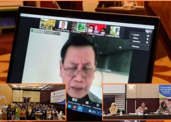 Direktur Jenderal HAM, Mualimin Abdi saat memberikan pidato kunci secara daring dari Mataram acara upaya implementasi global compack for migration berbasis HAM dan responsif gender, Jumat (7/10).