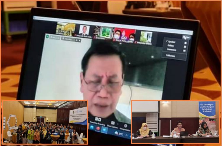 Direktur Jenderal HAM, Mualimin Abdi saat memberikan pidato kunci secara daring dari Mataram acara upaya implementasi global compack for migration berbasis HAM dan responsif gender, Jumat (7/10).