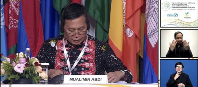 Direktur Jenderal HAM, Mualimin Abdi saat pertemuan tingkat tinggi antar Pemerintah tentang kajian akhir dekade penyandang disabilitas asia dan pasifik 2013 - 2022, Kamis (20/10).