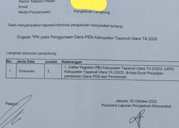 Surat tanda bukti pengaduan dugaan korupsi anggaran PEN Kabupaten Taput ke KPK, Jumat (21/10).