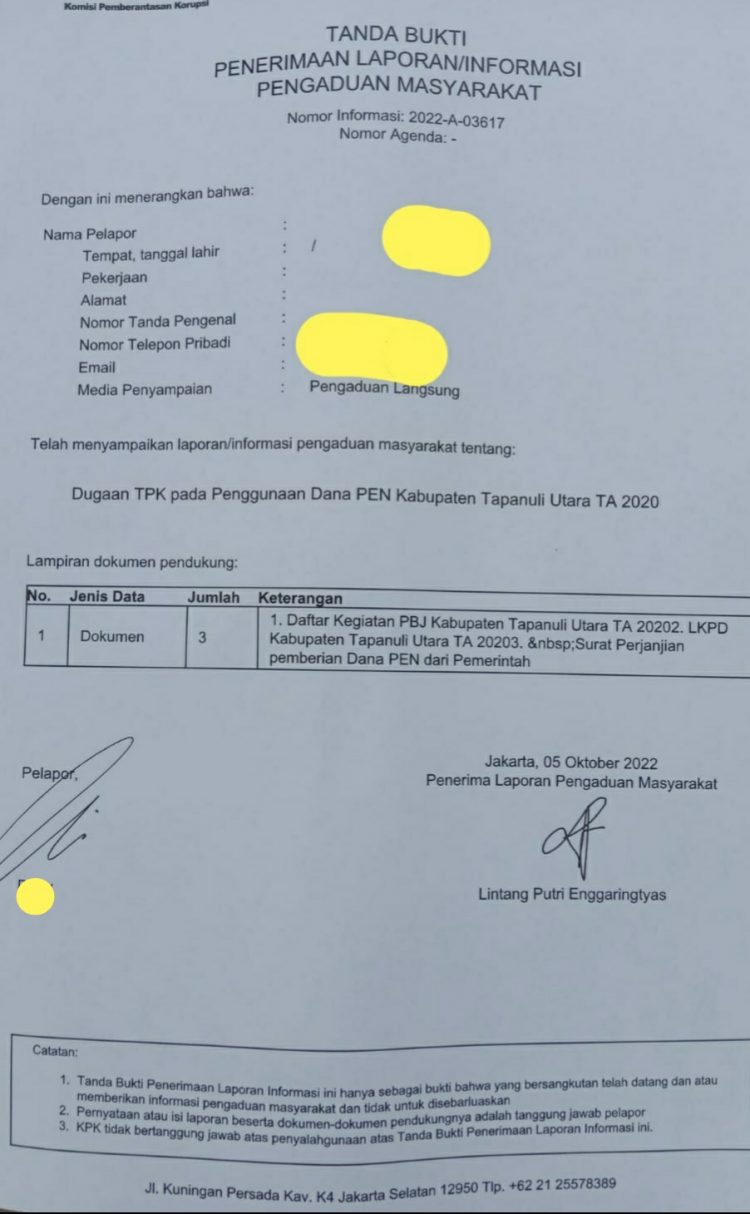 Surat tanda bukti pengaduan dugaan korupsi anggaran PEN Kabupaten Taput ke KPK, Jumat (21/10).