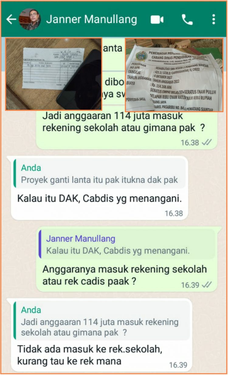 Bukti ss pesan Whatsapp konfirmasi dengan Kepsek SMKN 2 Pematangsiantar serta kwitansi pembelian keramk dan plang proyek yang tidak pernah dipasang, Minggu (23/10).