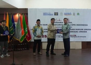 Direktur Jenderal HAM, Mualimin Abdi bersama rektor dan dekan UNUSIA saat bahas tindak lanjut kerjasama, Selasa (25/10).