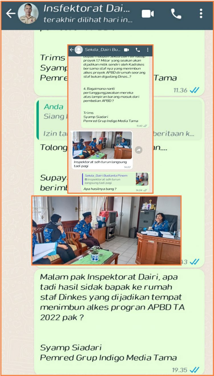 Ss pesan Whatsapp konfirmasi Sekda dan Inspektorat Dairi serta gambar sidak di Kantor Dinkes, Jumat (28/10).