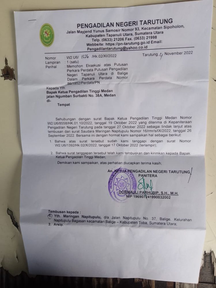 Surat eksekusi PN Tarutung, Selasa (8/11).