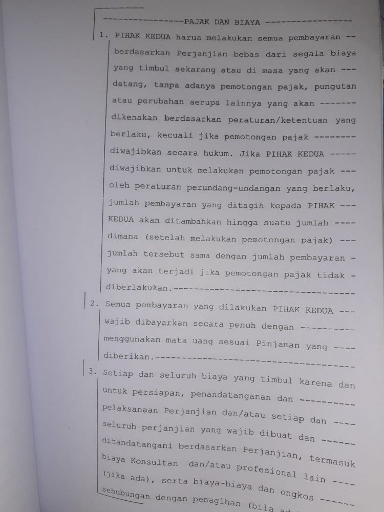 Kutipan surat perjanjian antara Pemerintah Kabupaten Taput dan PT. SMI atas pinjaman PEN TA 2020, Kamis (10/11).