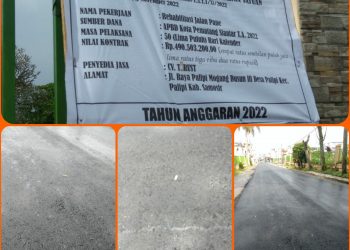 Plang proyek milik CV. Trust dan kondisi bahu jalan yang bergerutu dan berpori, Senin (21/11).