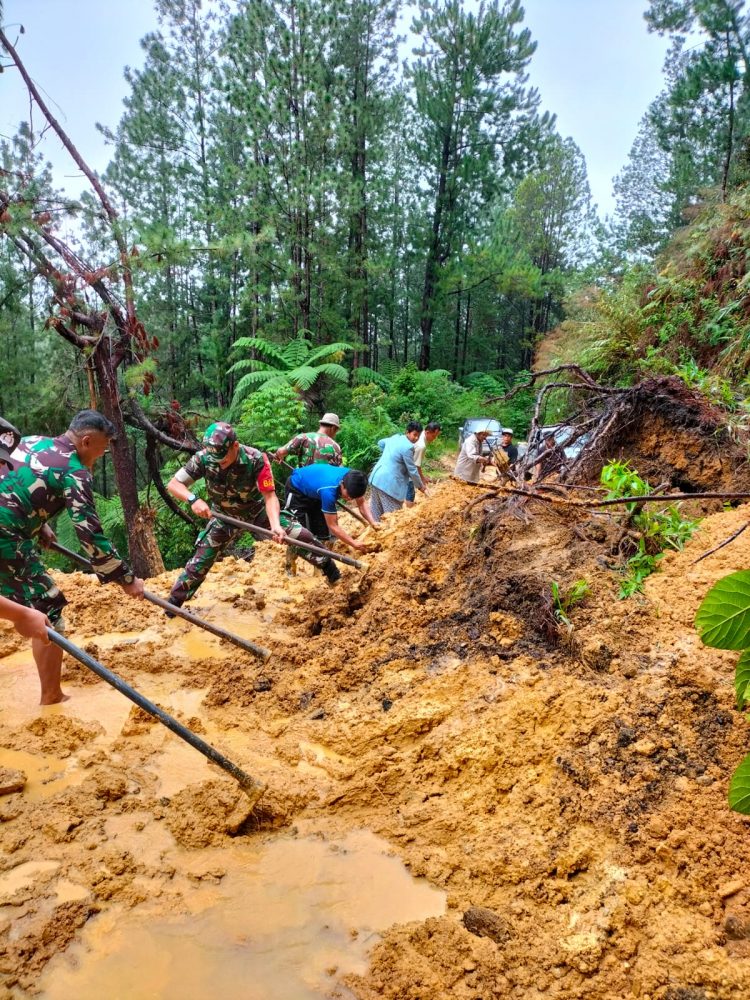 Personil Polsek, Koramil dan masyarakat Silaen saat bergotongroyong, Selasa (13/12).