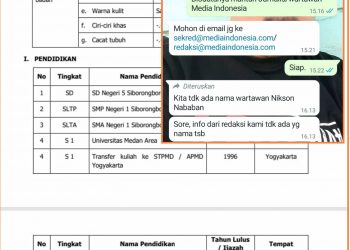 Biodata Nikson Nababan dan Screenshot Whatapp redaksi Media Indonesia, Kamis (8/12).