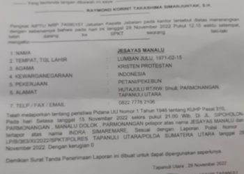 Surat tanda terima laporan Polisi oleh Anggota DPRD Taput Fraksi Partai Nasdem, Senin (27/2).
