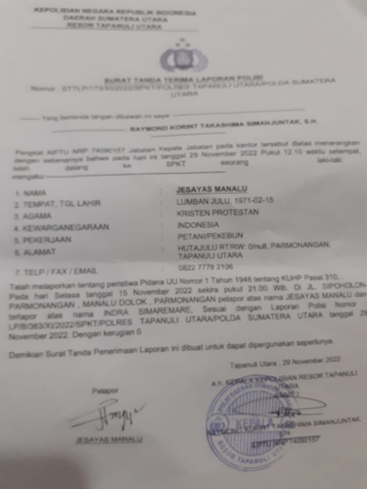 Surat tanda terima laporan Polisi oleh Anggota DPRD Taput Fraksi Partai Nasdem, Senin (27/2).