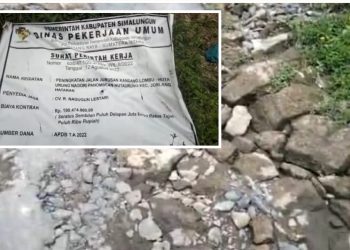 Kondisi jalan yang baru dua bulan dikerjakan oleh CV. R. Nagugun Lestari di Jorlang Hataran, Jumat (17/2).