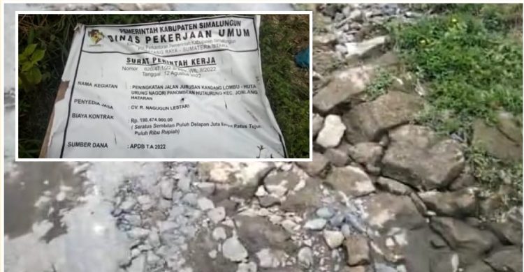 Kondisi jalan yang baru dua bulan dikerjakan oleh CV. R. Nagugun Lestari di Jorlang Hataran, Jumat (17/2).