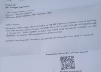 Surat Ombudsman Perwakilan Sumut kepada Jaringan Napitupulu terkait dugaan Mal-administrasi di PN Tarutung, Minggu (19/2).