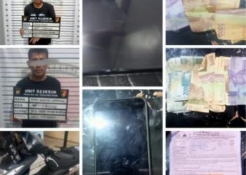 Barang bukti dan kedua tersangka saat diamankan di Polsek Delitua, Jumat (3/3).