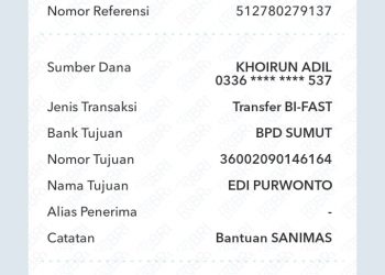 Struk transferan TFL, Khoirul Adil kepada Ketua KSM dengan catatan Bantuan Sanimas, Kamis (9/3).