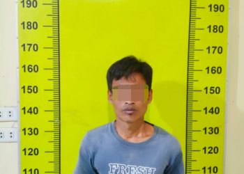 Tersangka, Tono saat diamankan di Mapolsek Birubiru, Rabu (8/3).