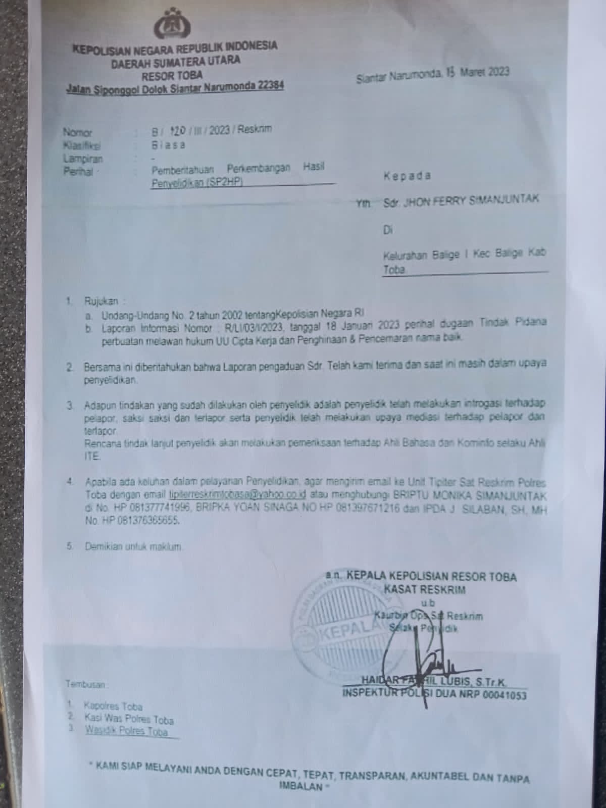 SP2HP Polres Toba yang diduga tidak sesuai kenyataan, dimana 13 saksi diajukan Pelapor tidak pernah diperiksa dan dimintai keterangan, Senin (3/4).
