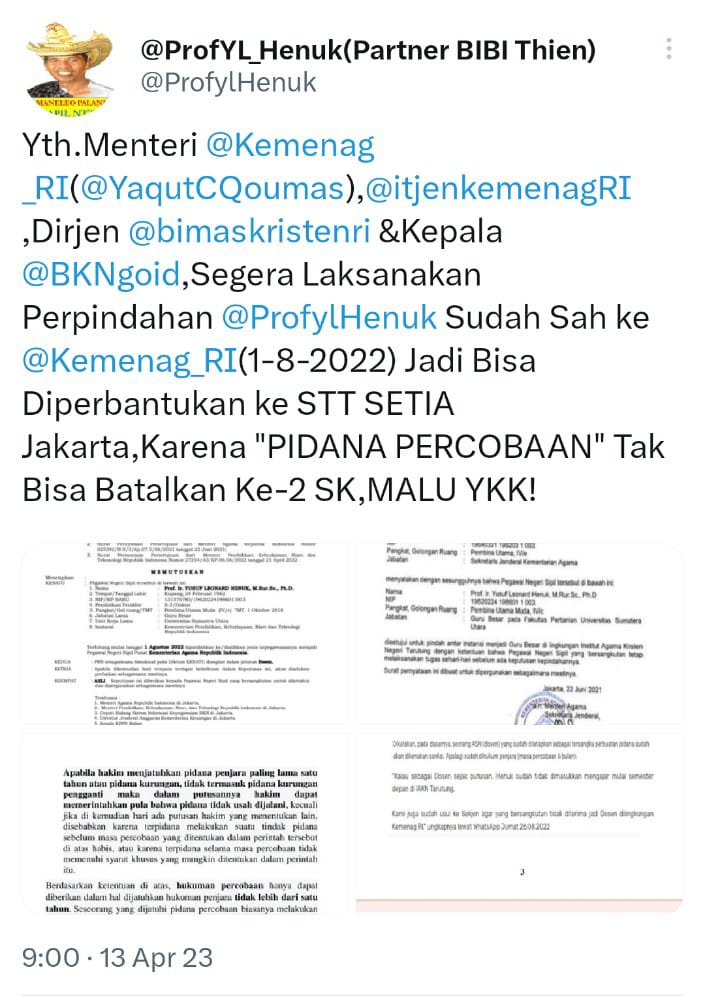 Screenshot status twitter Prof. YLH terkait surat perpindahan, Kamis (13/4).