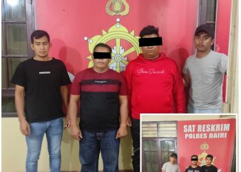 Ketiga tersangka pelaku pungli saat diamankan di Polres Dairi, Sabtu (1/4).