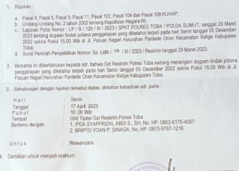 Surat undangan klarifikasi dari Polres Toba, Senin (17/4).