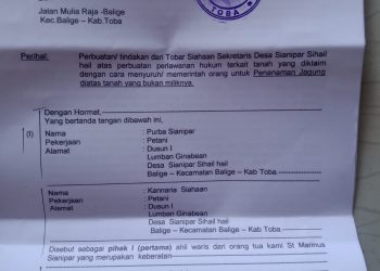 surat Opp. Velda kepada Camat Balige, Kamis (11/5).