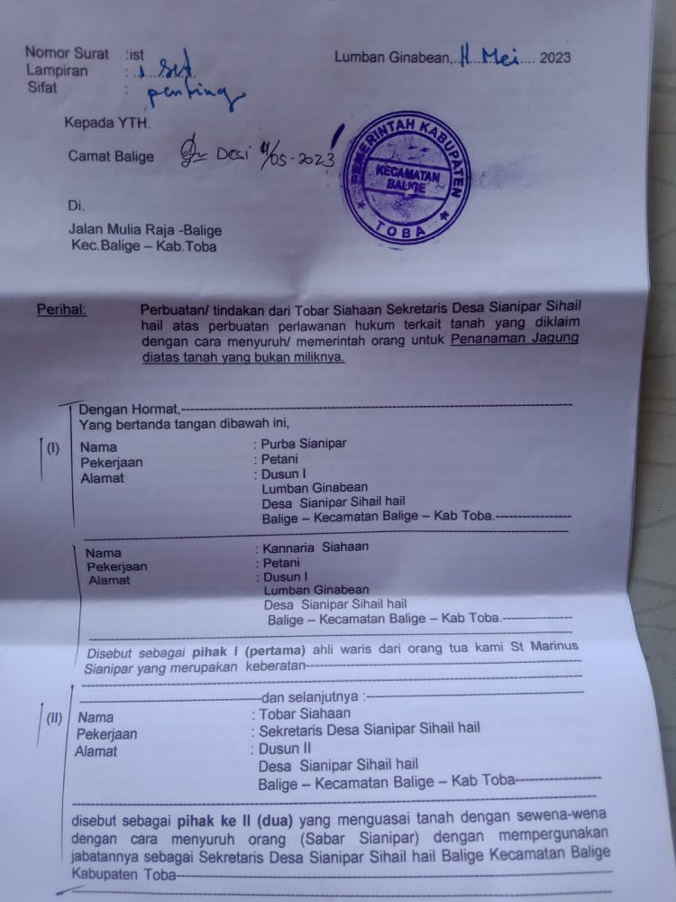 surat Opp. Velda kepada Camat Balige, Kamis (11/5).