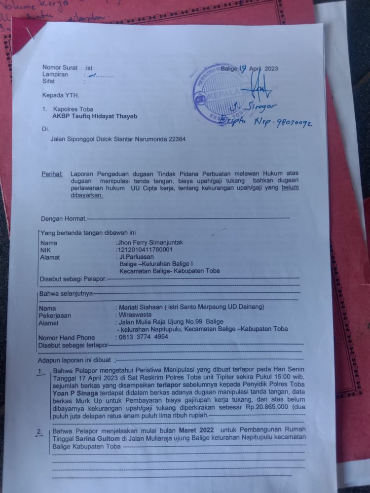 Laporan dumas HFS kepada M br S yang sudah berjalan 40 hari, Selasa (30/5).