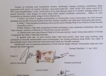 Surat kesepakatan bersama antara TS dan anak P. Sianipar, Minggu (30/4).