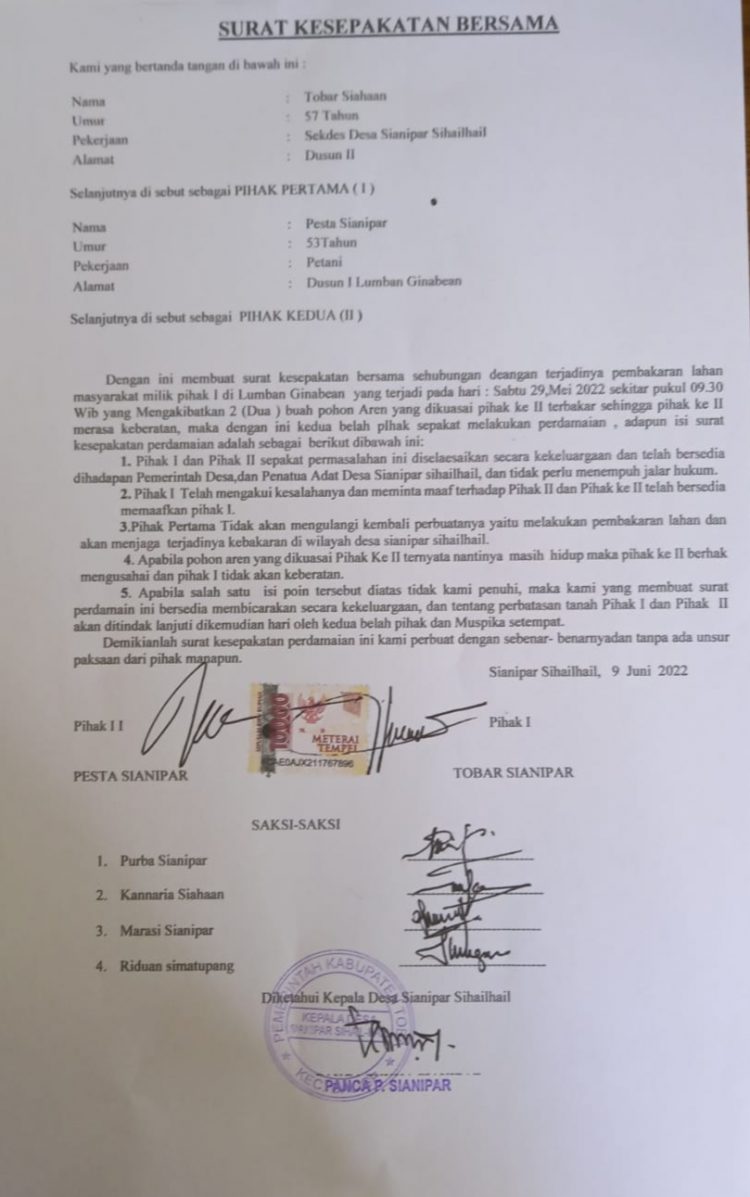 Surat kesepakatan bersama antara TS dan anak P. Sianipar, Minggu (30/4).