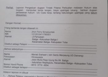 Laporan HFS terhadap M br S di Polres Toba yang tak berproses, Rabu (23/5).