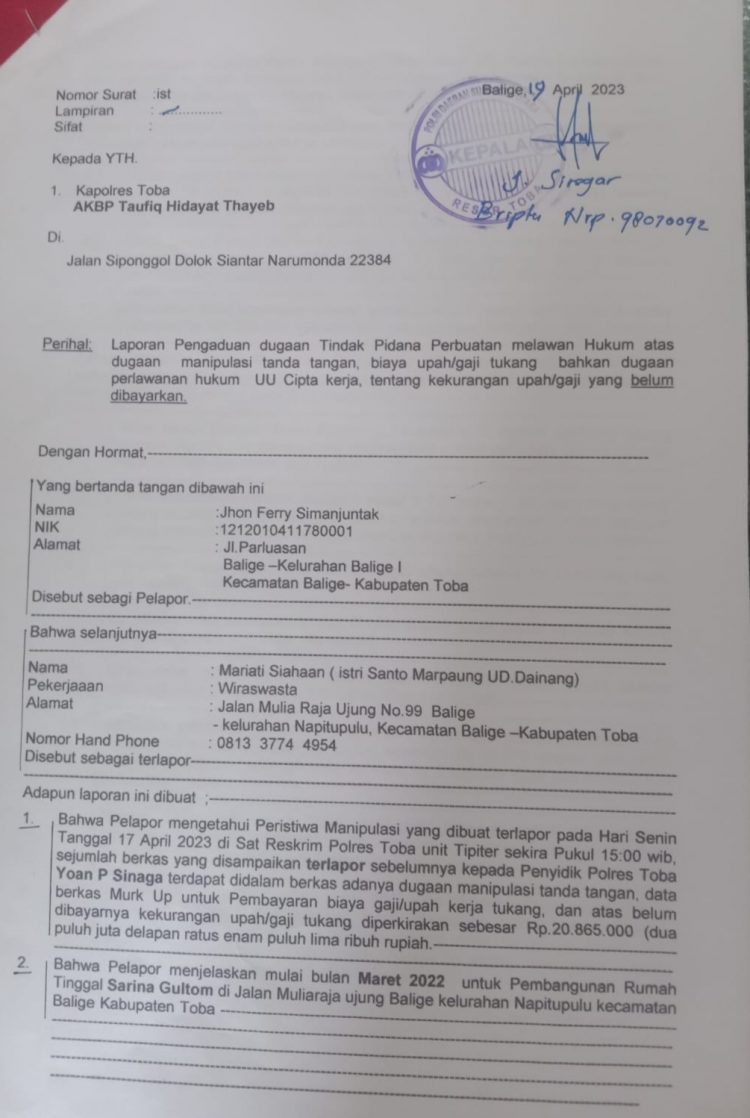 Laporan HFS terhadap M br S di Polres Toba yang tak berproses, Rabu (23/5).