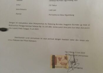 Surat pernyataan pengembalian dana Bumdes, Rabu (21/6).