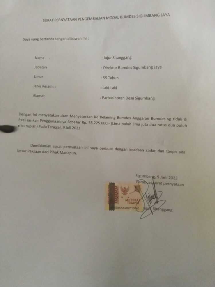 Surat pernyataan pengembalian dana Bumdes, Rabu (21/6).