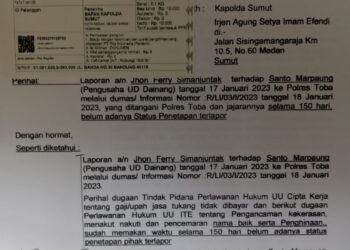 Surat Djonggi Napitupulu kepada Kapolda Sumut yang baru menjabat, Selasa (27/6).