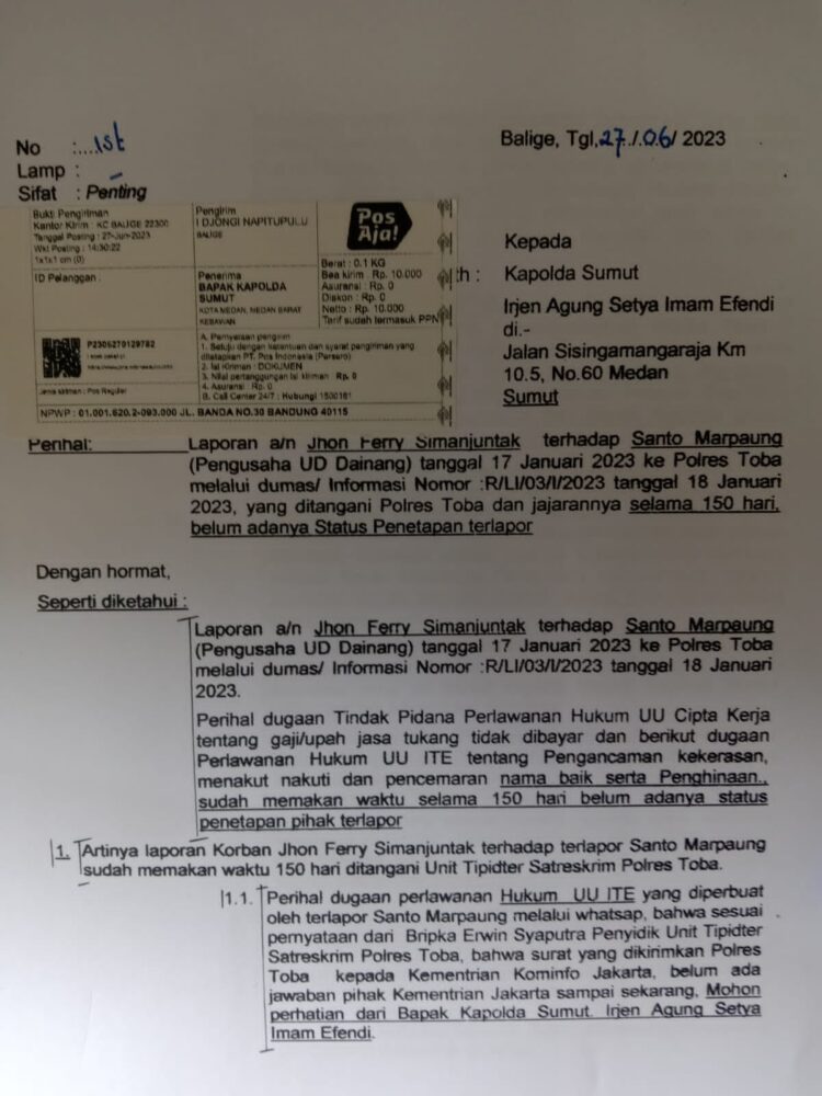 Surat Djonggi Napitupulu kepada Kapolda Sumut yang baru menjabat, Selasa (27/6).