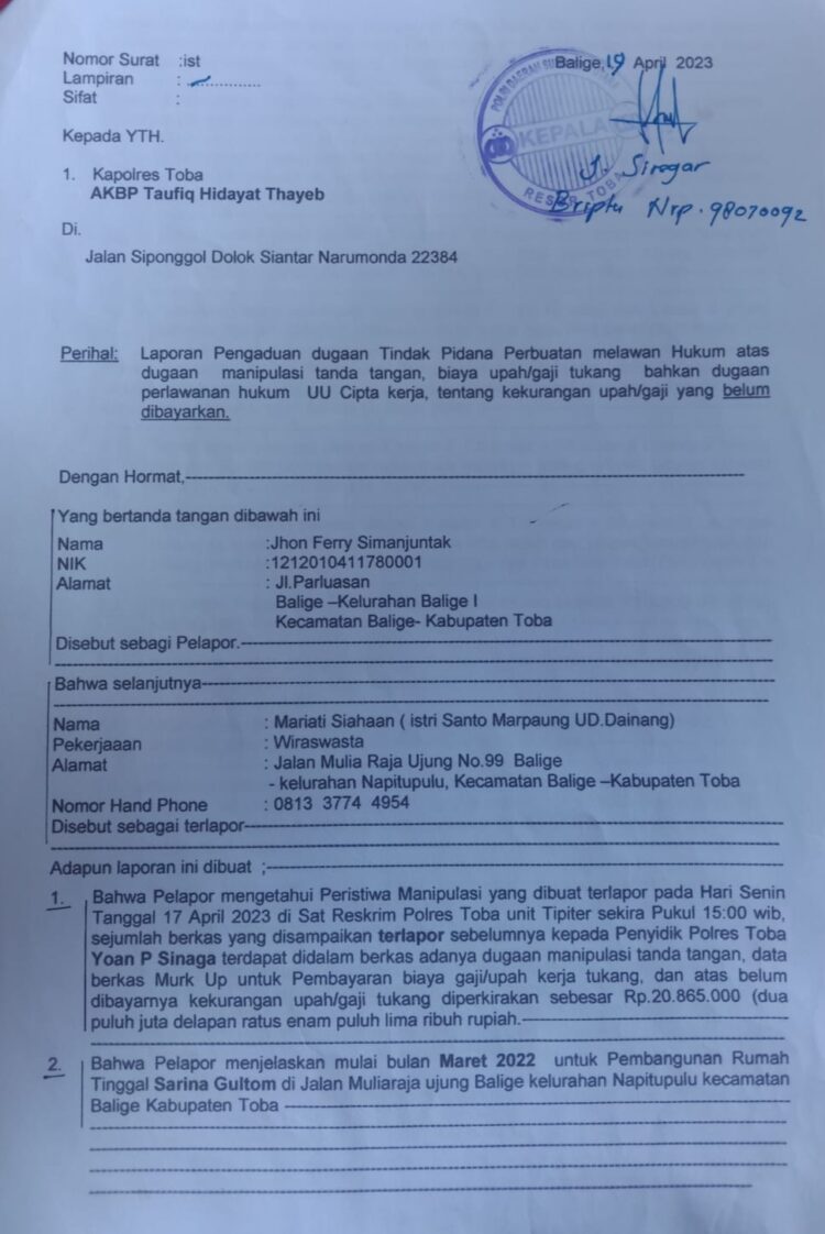 Dumas JFS kepada Kapolres Toba yang sudah 60 hari tidak berproses, Senin (19/6).