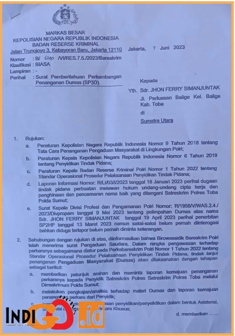 Surat Markas Besar Kepolisian Republik Indonesia Badan Reserse Kriminal Kepada Jhon Ferry Simanjuntak, Jumat (28/7).
