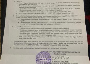 Surat laporan Paian Nababan di Polsek Siborongborong, Selasa (4/7).