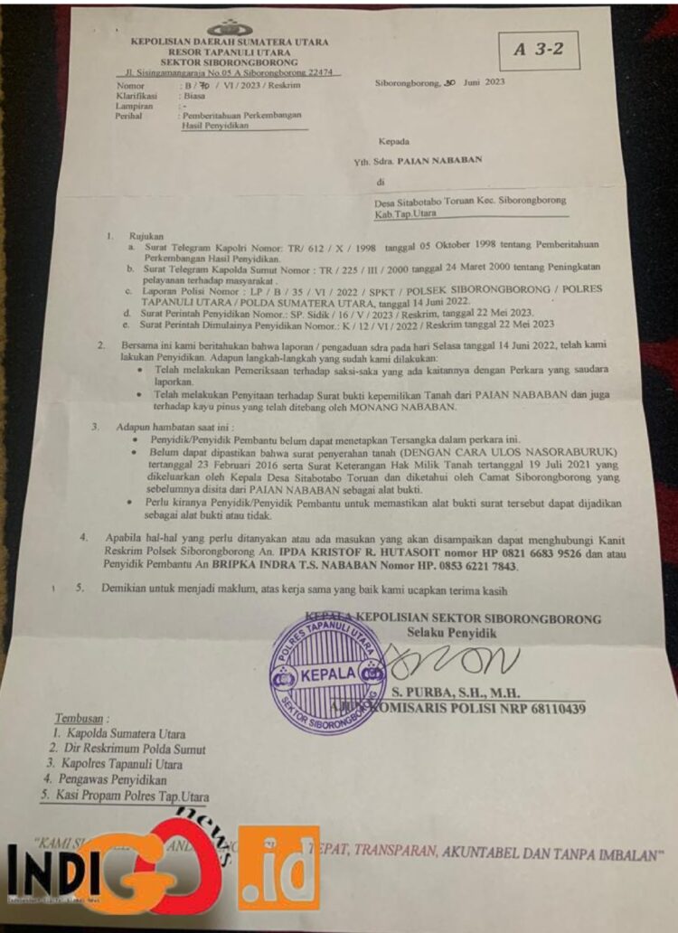 Surat laporan Paian Nababan di Polsek Siborongborong, Selasa (4/7).